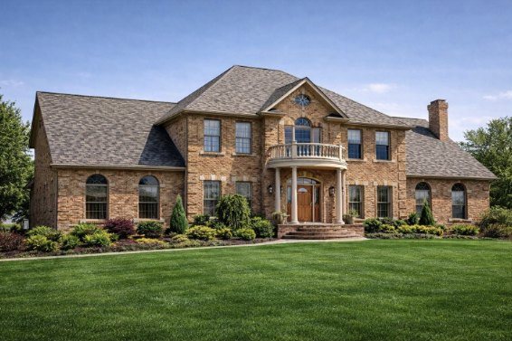 The Grand Meridian, a brick two-story custom home with a columned balcony over the entry