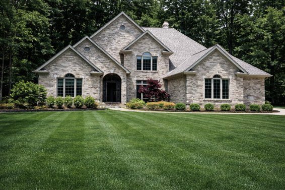 A light stone custom home with layered gables and an arched entry built by Sudon Brothers